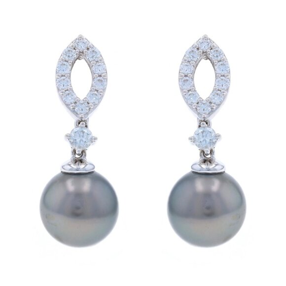 White Gold Cultured Tahitian Pearl & Diamond Dangle Earrings 14k .60ctw Pierced